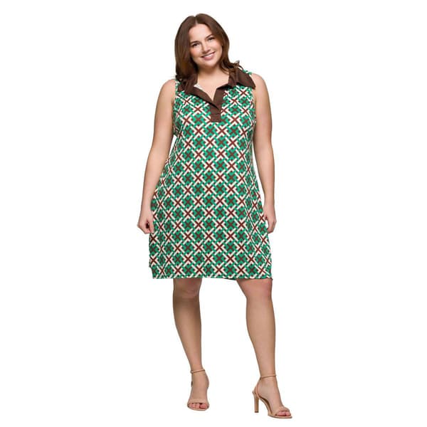 Plus Size 24/7 Comfort Apparel Brown & Green Collared Mini Dress