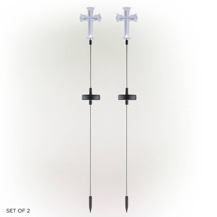 Alpine Solar Cross Garden Stake w/ LED Light - Set of 2
