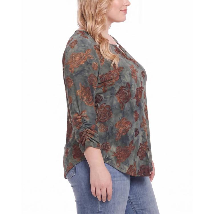 Plus Size NY Collection 3/4 Ruch Sleeve Brown Floral Blouse