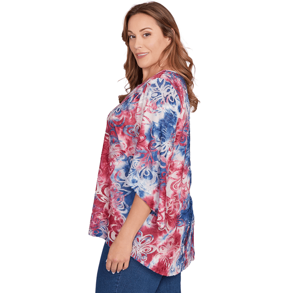 Plus Size Ruby Rd. Indigo Go Tie Dye Floral Keyhole Neck Blouse