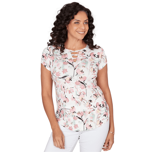 Petite Emaline Key Items Short Sleeve Floral Lace Neck Blouse