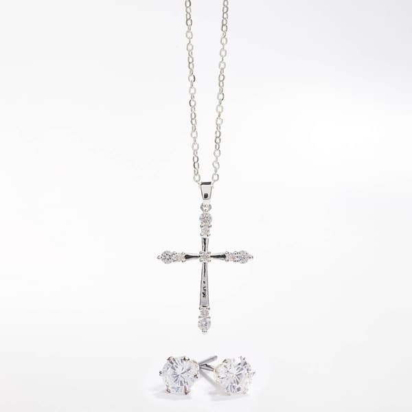 Silver-Tone CZ Cross Pendant & Earring Set - image 