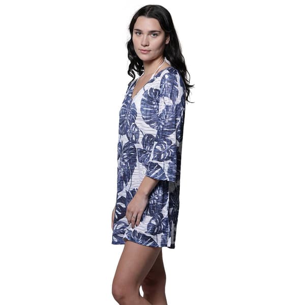 Plus Size J Valdi Monstera 3/4 Sleeve V Neck Tunic Swim Cover Up