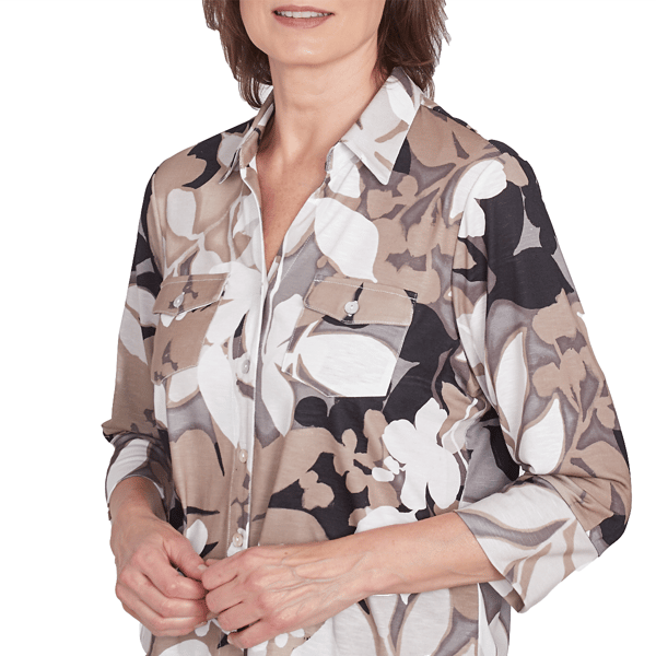 Women Alfred Dunner 3/4 Sleeve Shadow Leaf Button Front Top