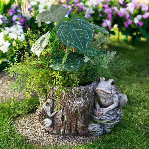 Northlight Seasonal Frogs on Tree Stump Garden Planter - image 