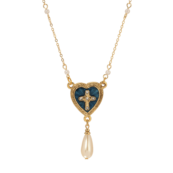 Symbols of Faith Blue Enamel Heart With Cross & Teardrop Necklace - image 