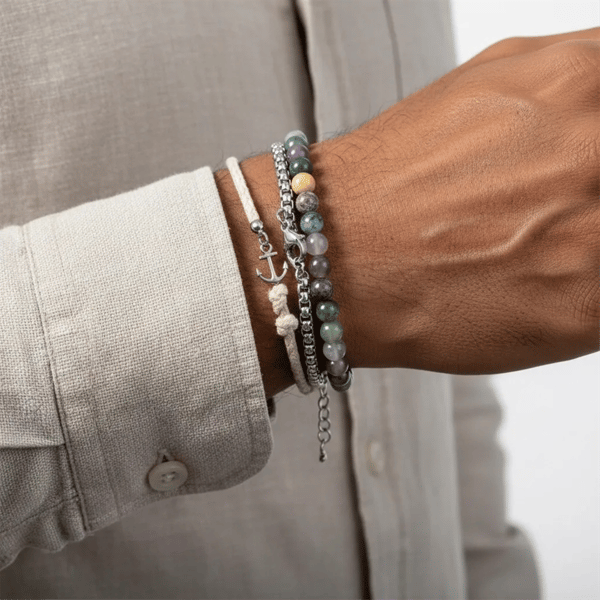 Mens Iron Saints Silver Layered Popcorn Chain & Bead Bracelet