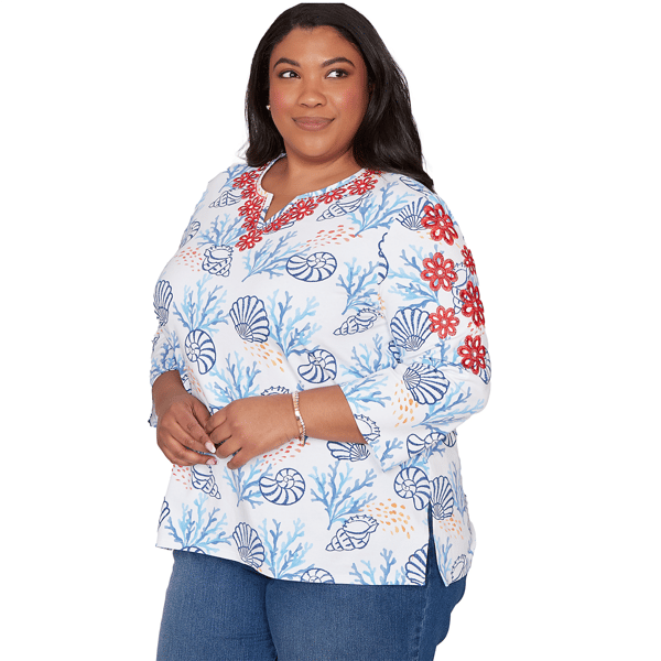 Plus Size Alfred Dunner Port Side Coastal Embroidered Blouse