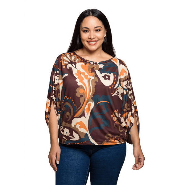 Plus Size 24/7 Comfort Apparel Brown Paisley Dolman Blouse - image 