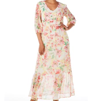 Womens Luxology Elbow Sleeve V-Neck Smock Waist Floral Maxi Dress ...