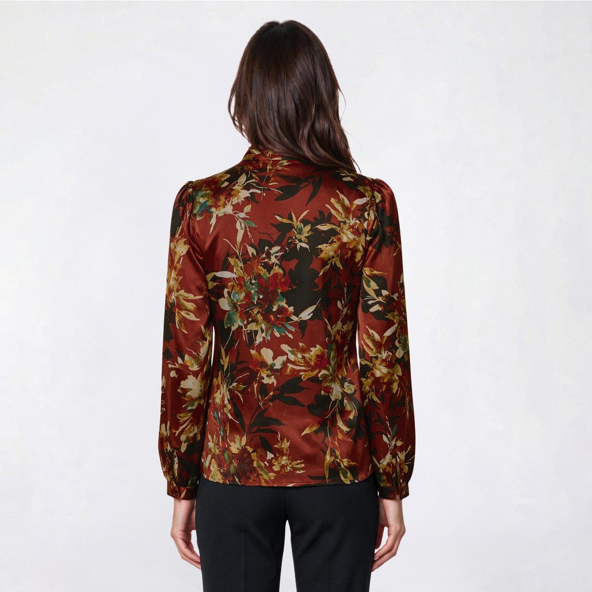 Womens Kasper Long Cuff Sleeve V Neck Floral Satin Blouse