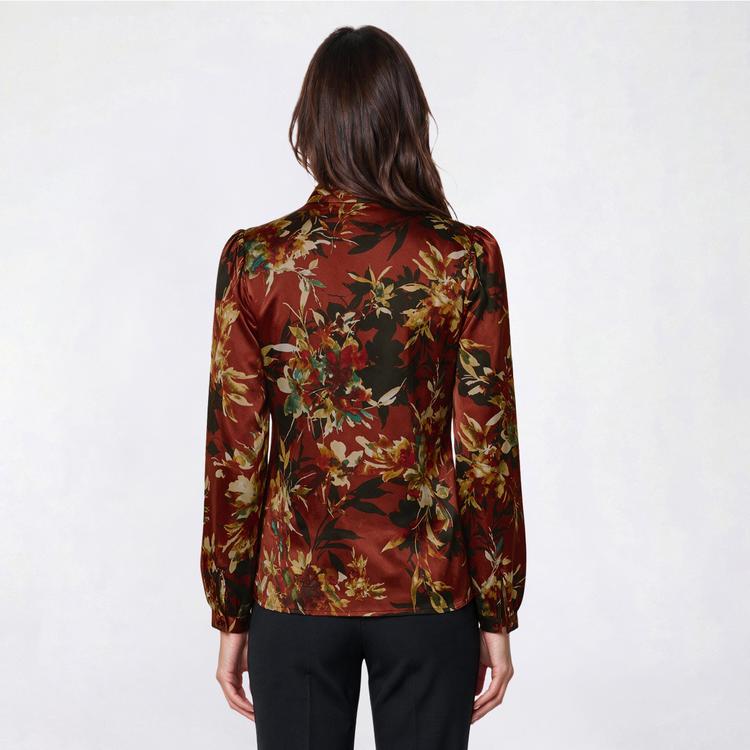 Womens Kasper Long Cuff Sleeve V Neck Floral Satin Blouse