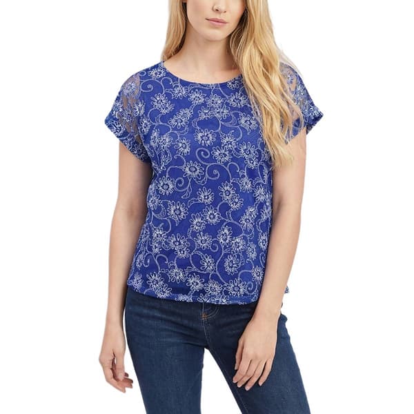 Womens NY Collection Short Sleeve Lace Floral Scoop Neck Top