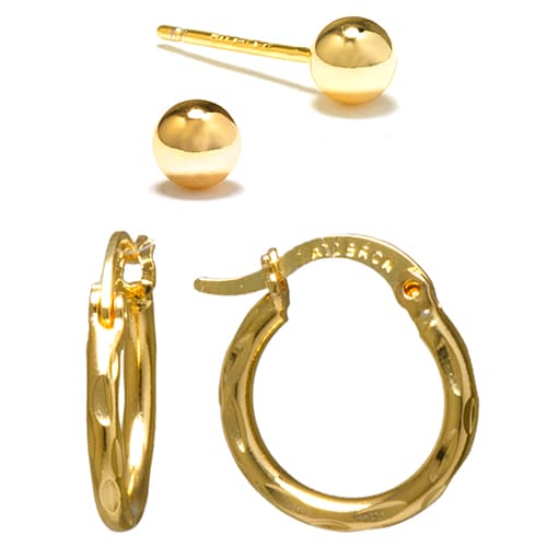 Gold Over Fine Silver Plated Textured Hoop & Ball Earrings