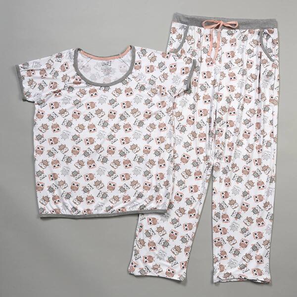 Juniors Pillow Talk Short Sleeve Owls Suede Long Leg Pajama Set - image 