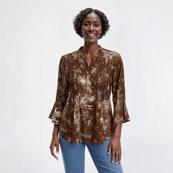 Womens Notations 3/4 Sleeve Abstract Jacquard Henley Blouse
