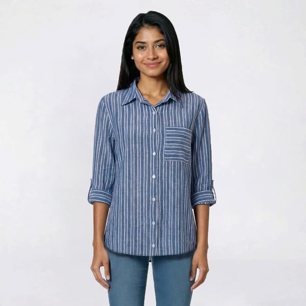 Juniors A. Byer Stripe Roll Tab Sleeve Shirt with Pocket