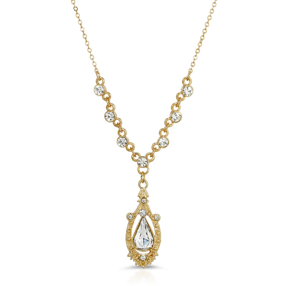 1928 Gold Tone Crystal Suspended Teardrop Necklace