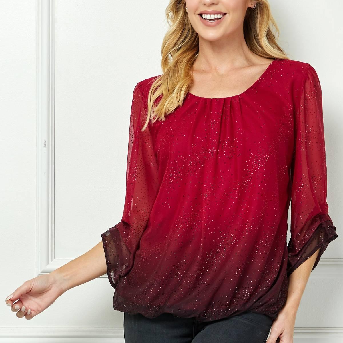 Womens Sara Michelle 3/4 Ruch Sleeve Ombre Glitter Blouse