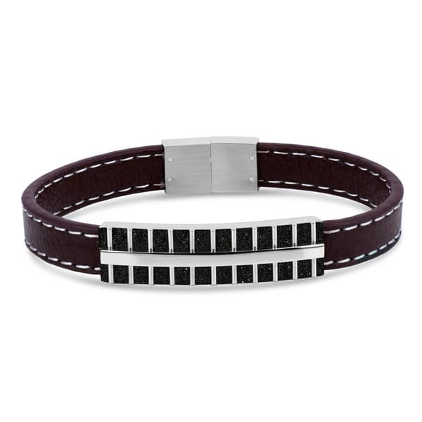 Mens Forever New Stainless Steel & Leather Black IP Bracelet - image 