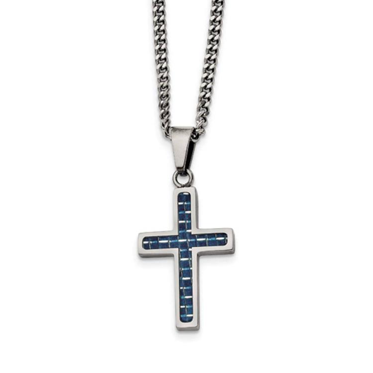 Mens Gentlemen's Classics(tm) Blue Carbon Fiber Inlay Cross Necklace