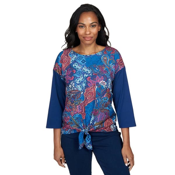 Petite Ruby Rd. Fall Wonders Paisley Tie Front Mixed Knit Top - image 