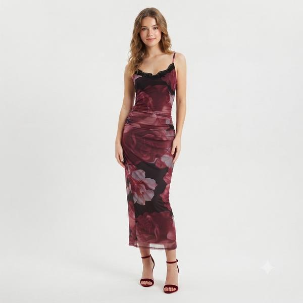 Juniors Madden Girl Floral Mesh Lace Trim Midi Dress - image 