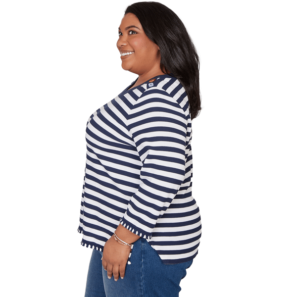 Plus Size Alfred Dunner Port Side 3/4 Sleeve Pique Stripe Sweater