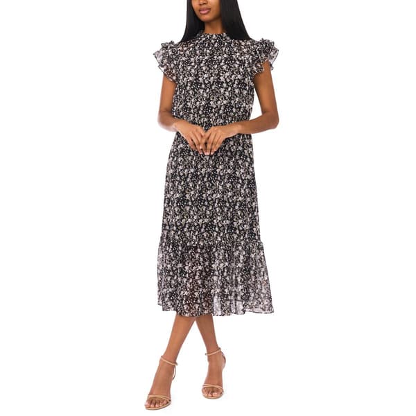 Womens MSK Flutter Sleeve Floral Chiffon Tier Midi Dress