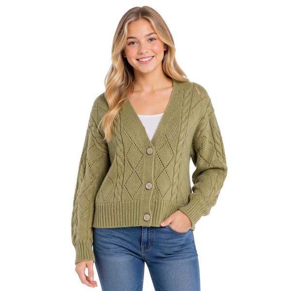 Juniors Derek Heart Mix Stitch Cable V-Neck Button Front Cardigan