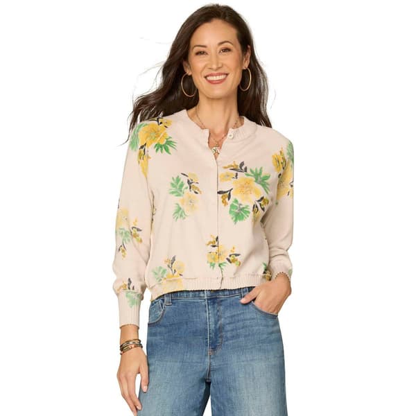 Womens Democracy 3/4 Sleeve Hidden Snap Printed Sweater Cardigan