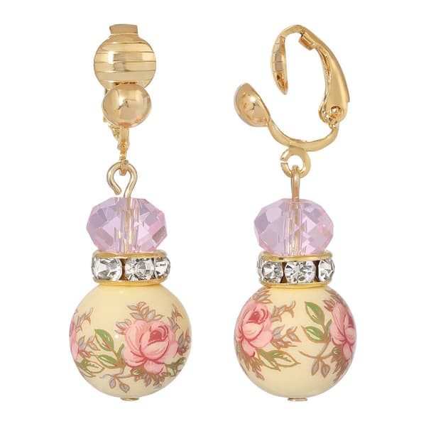 1928 Gold Tone Lt. Rose Pink Floral Beaded Clip Earrings - image 