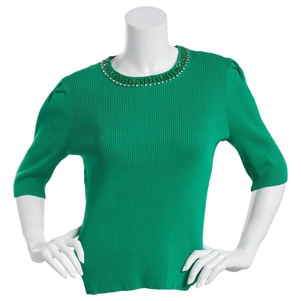 Womens Nanette Lepore Elbow Sleeve Sweater with Jeweled Neckline - image 