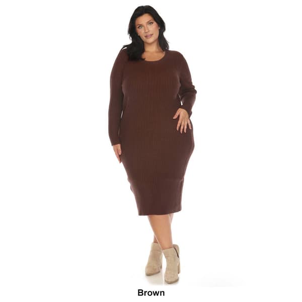 Plus Size White Mark Long Sleeve Rib Midi Sweater Dress