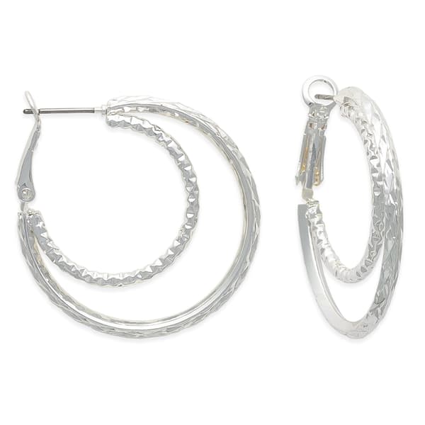 Freedom Silver-Tone Clutchless Double Textured Hoop Earrings
