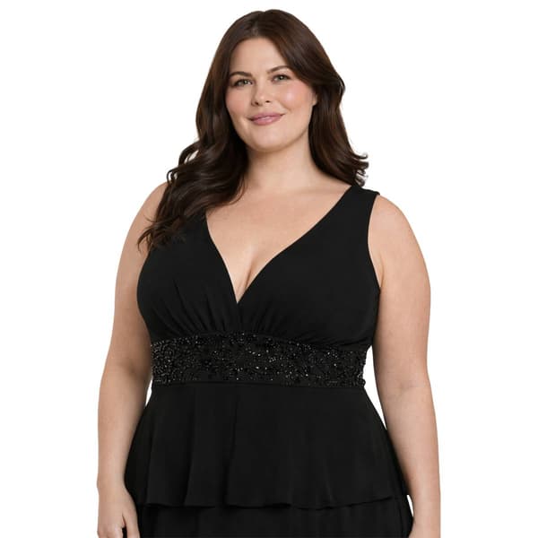 Plus Size R&M Richards Sleeveless Tier Beaded Trim Gown