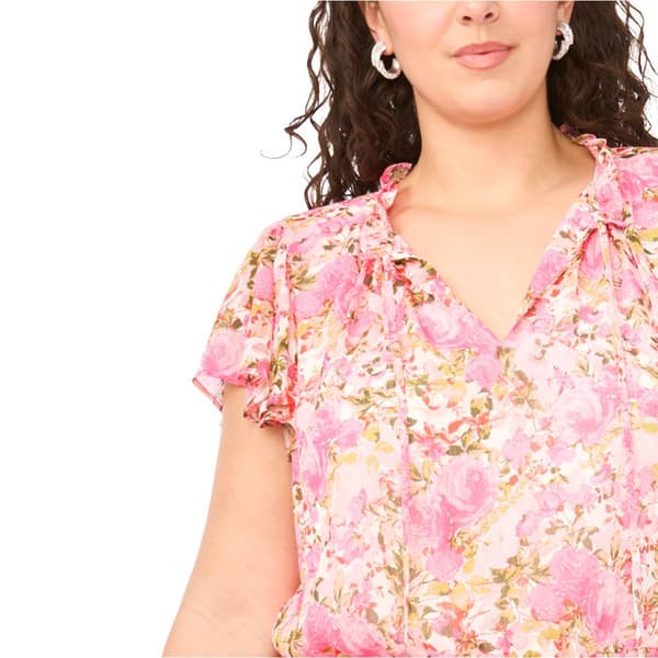 Plus Size MSK Short Sleeve Floral Smock Waist A-Line Dress