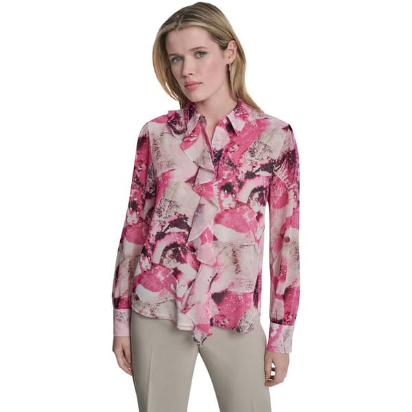 Womens DKNY Long Sleeve Ruffle Button Front Floral Blouse - image 