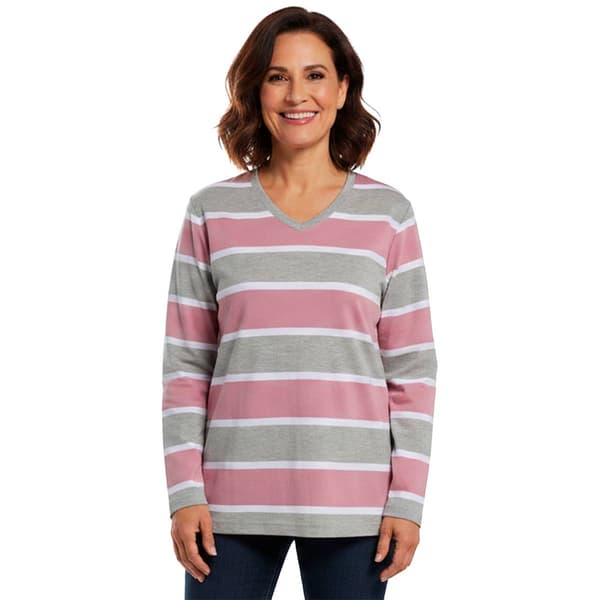 Petite Hasting & Smith Long Sleeve Rugby Stripe V Neck Tee - image 