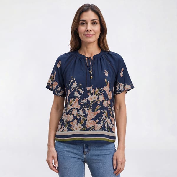 Womens Como Black Short Flutter Sleeve Tie Neck Floral Blouse - image 