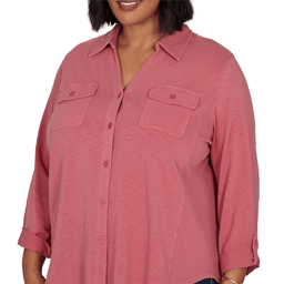 Plus Size Ruby Rd. Game of Luxe Tab Sleeve Casual Button Down