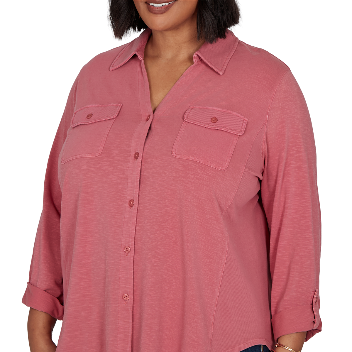 Plus Size Ruby Rd. Game of Luxe Tab Sleeve Casual Button Down