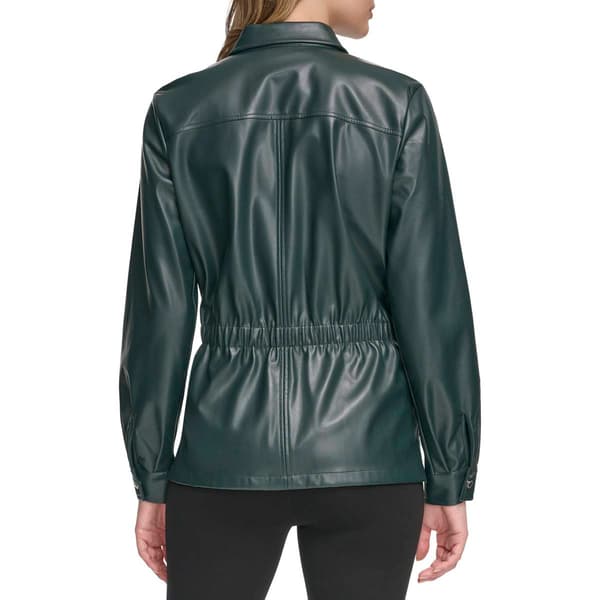 Womens Calvin Klein Cinched Waist Faux Leather Button Up Shirt
