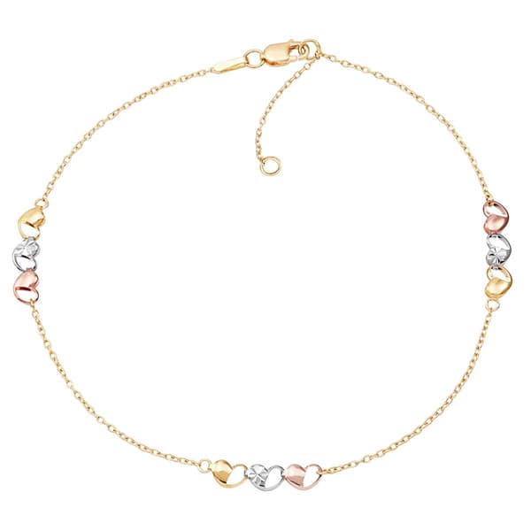 Gold Classics(tm) Tri-Color Gold Triple Hollow Heart Station Anklet