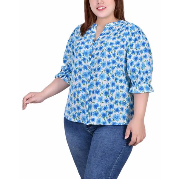 Plus Size NY Collection 3/4 Ruffle Sleeve Casual Button Down - image 