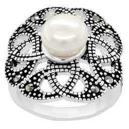 Marsala Fine Silver Plated Pearl and Marcasite Ring