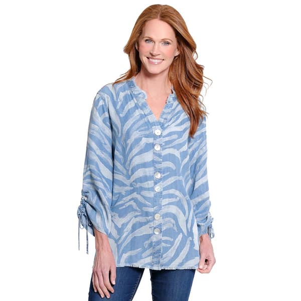 Womens Ali Miles Tie Sleeve Wavy Lines Double Button Front Top