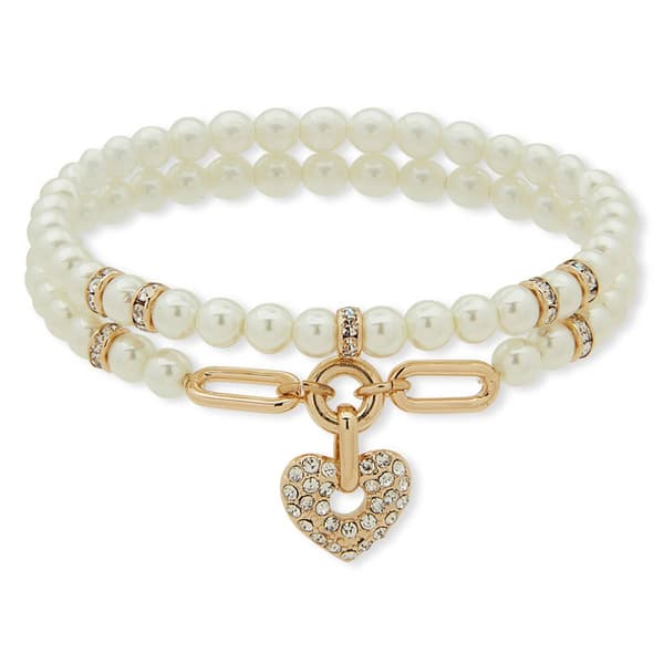 Anne Klein Gold Tone Pearl Crystal Stretch Heart Charm Bracelet - image 