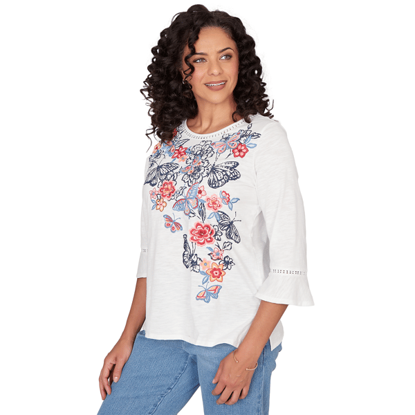 Womens Alfred Dunner Austin Floral Butterfly Embroidery Blouse