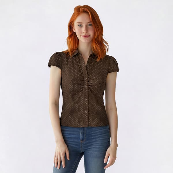 Juniors Love Tree Cap Sleeve Pin Dot Ruch Button Front Top